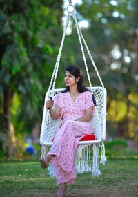 CURIO CENTER Make in India Round Premium Swing with Polyester Ropes & Mild Steel Frame for Adults & Kids/Indoor Outdoor Hanging Swing Chair with Cushion & Accessories (66 x 96 x 144cm, White) - Free Size, White, Polyester Rope With Iron Frame, Pack of 1, Rectangle